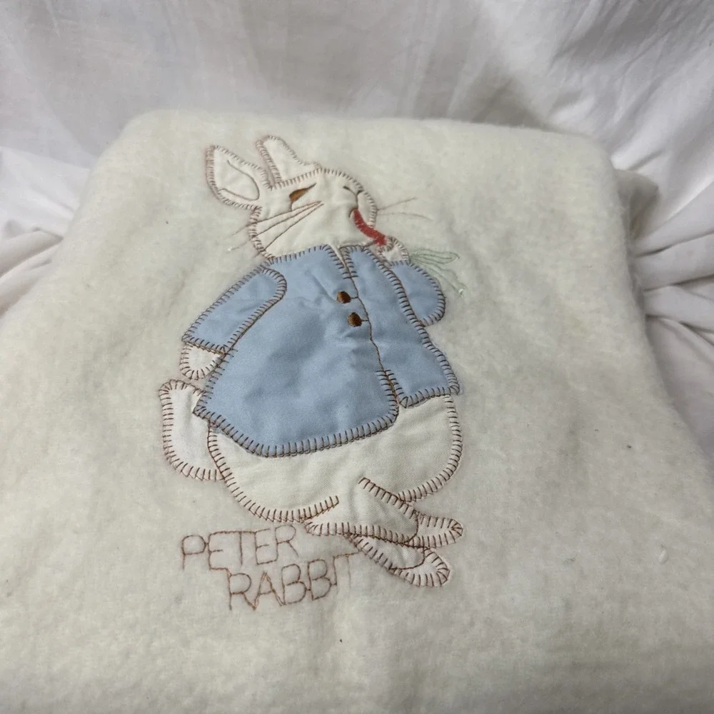 Vintage Quiltex Beatrix Potter Peter Rabbit Embroidered Satin Edge Baby Blanket